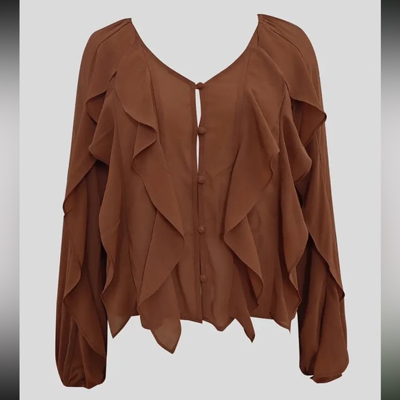 🍂 Ruffle V Neck Button Front Slim Fit Long Sleeve Blouse - Picture 2 of 6